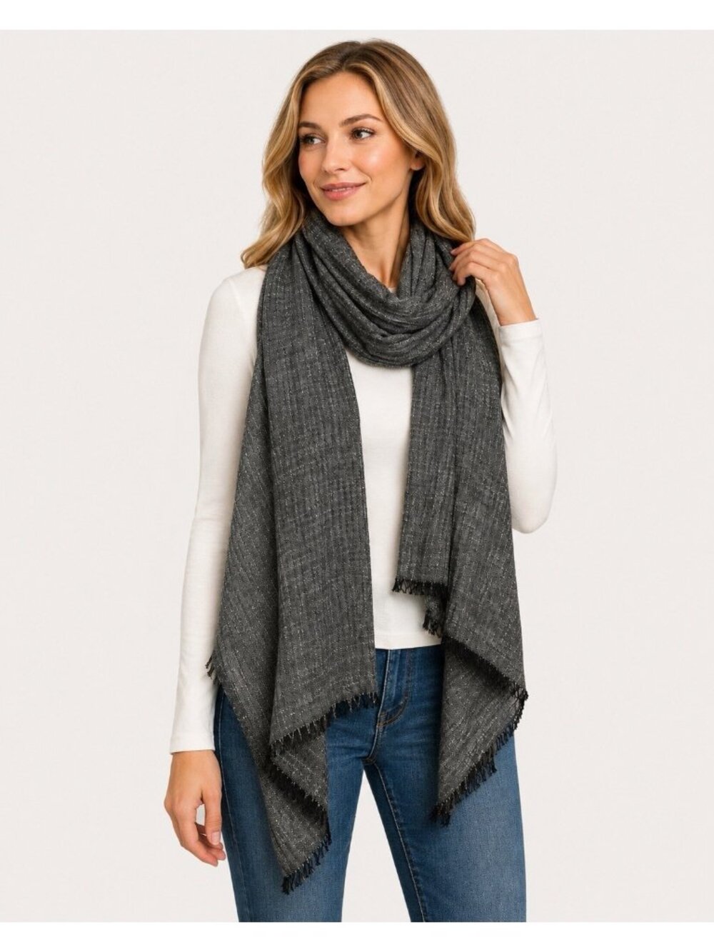 Style & Co Womens Grey Textured Lightweight Scarf Wrap Fringe One Size NWT